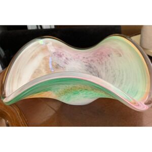 Vintage Murano Hand Blown Glass Centerpiece Bowl Pastel Pink Orange Green Swirl